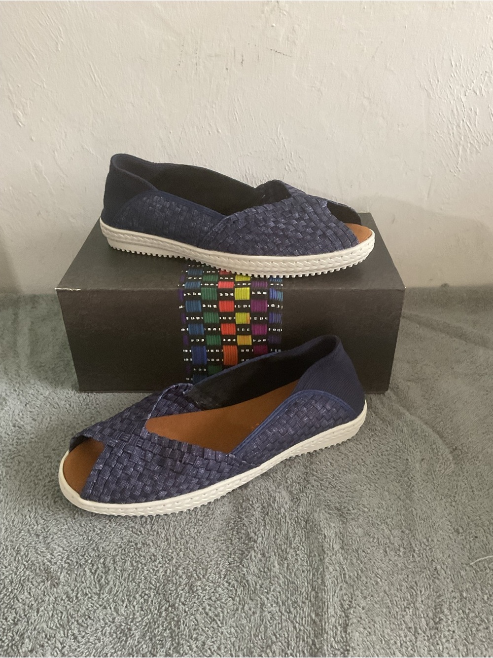 bernie mev. Navy Woven Peep-Toe Slip-Ons